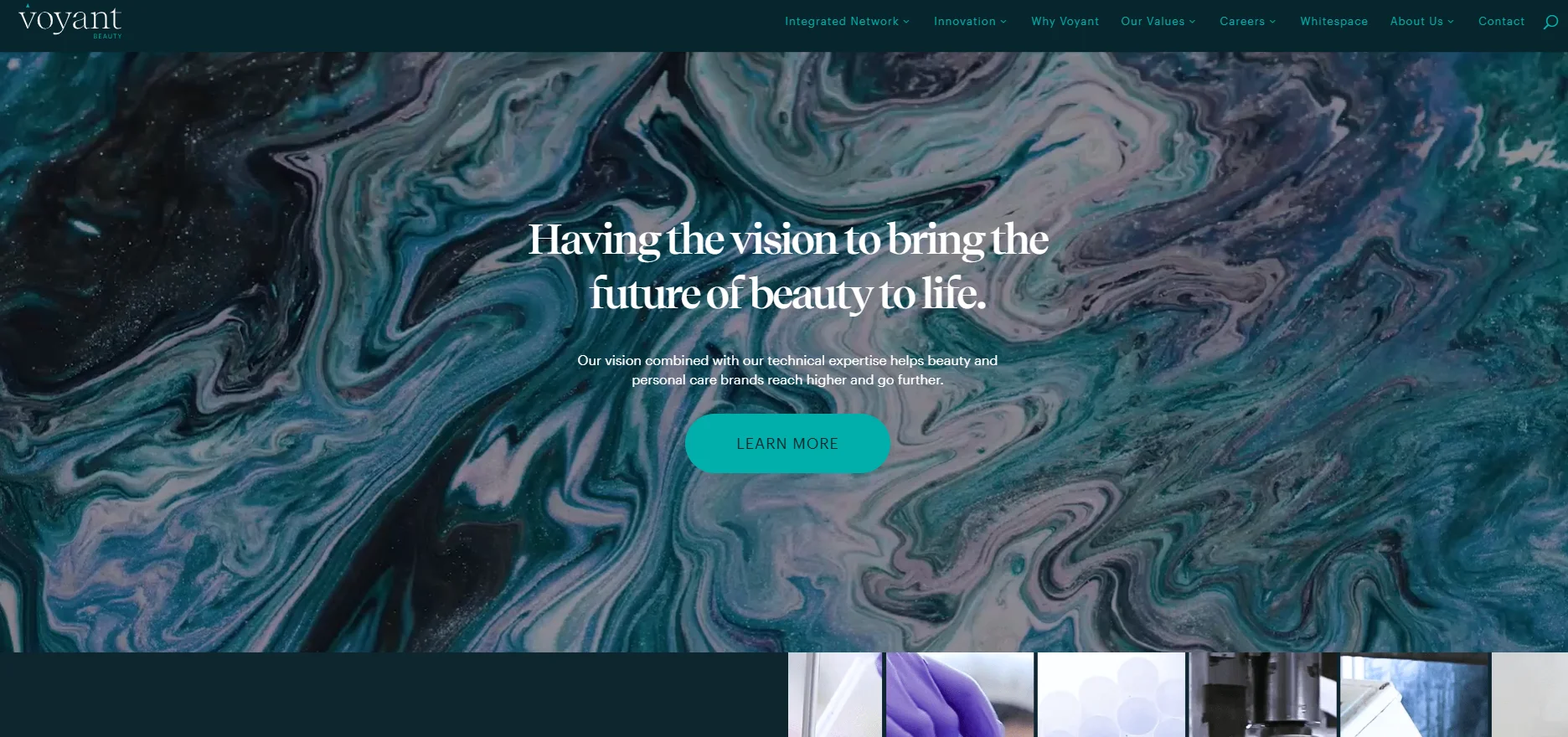 Swirling abstract design in blue and teal with text overlay promoting a vision of future beauty and innovation.